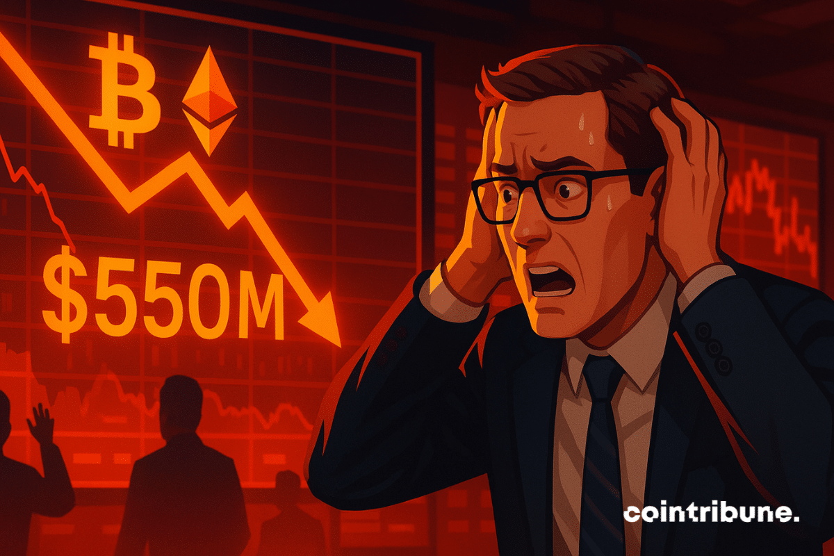 Un trader paniqué devant des écrans rouges affichant une chute brutale des ETF Bitcoin et Ethereum, perte de 550M$.