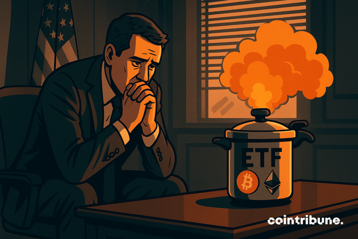 A worried crypto trader watches a pressure cooker marked “ETF,” ready to explode, in a government office plunged into anticipation.