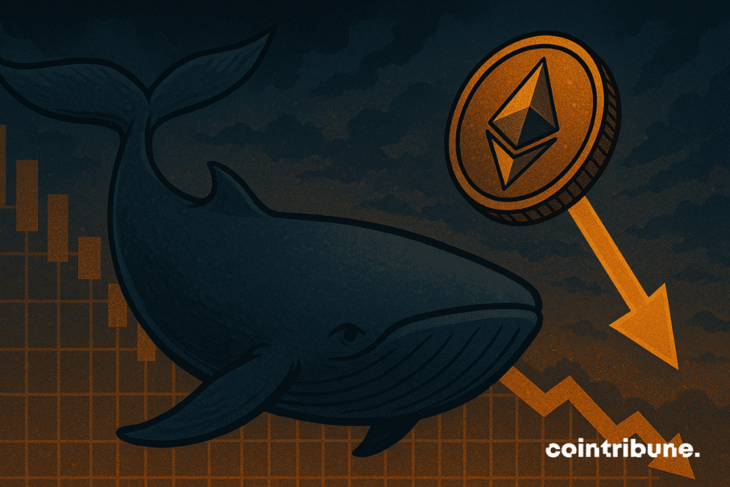 Une baleine géante fuit un marché en chute, tandis qu’une pièce Ethereum descend, symbolisant la panique des investisseurs.