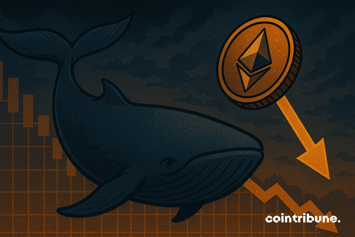 Una ballena gigante huye de un mercado en caída, mientras que una moneda Ethereum baja, simbolizando el pánico de los inversores.