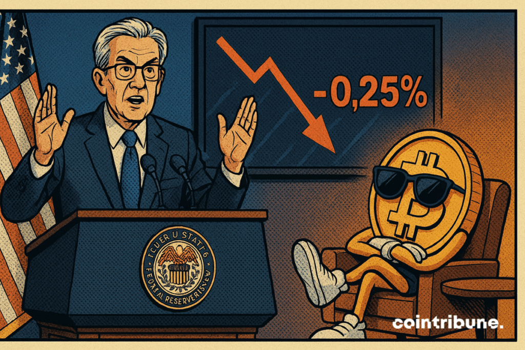 Un banquier solennel annonce une baisse, pendant que la crypto, désinvolte en fauteuil, ignore l’impact avec indifférence ironique.