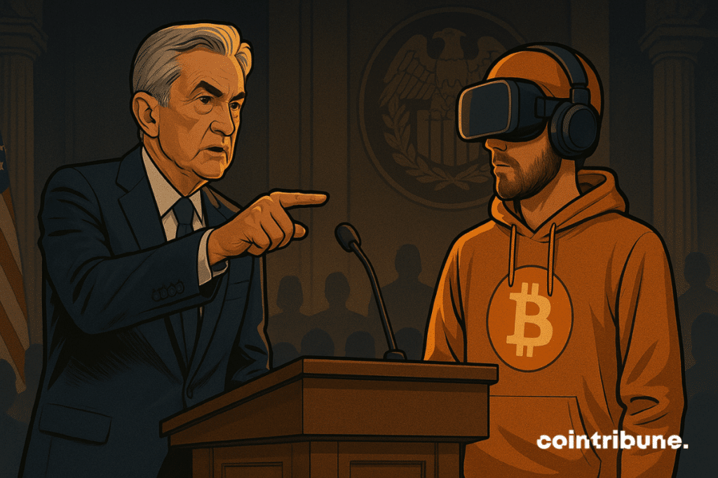 Un diplomate de la Fed tend la main à une figure crypto en orange, autour d’eux, tension, symboles et logos.
