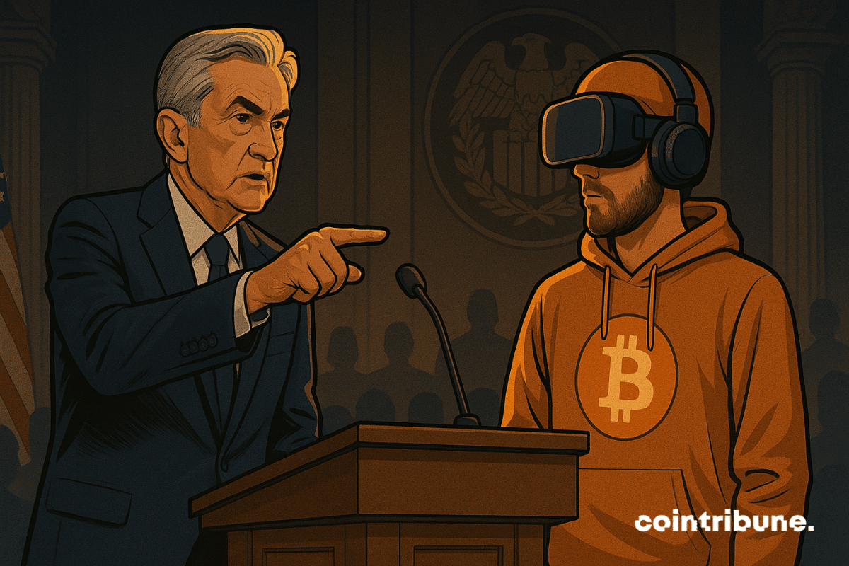 Un diplomate de la Fed tend la main à une figure crypto en orange, autour d’eux, tension, symboles et logos.