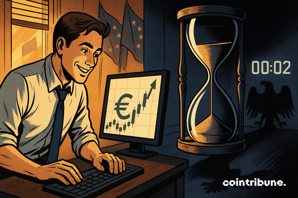 Un trader euphorique tape au clavier en bourse, ignorant le sablier géant projetant l’ombre menaçante d’un aigle américain.