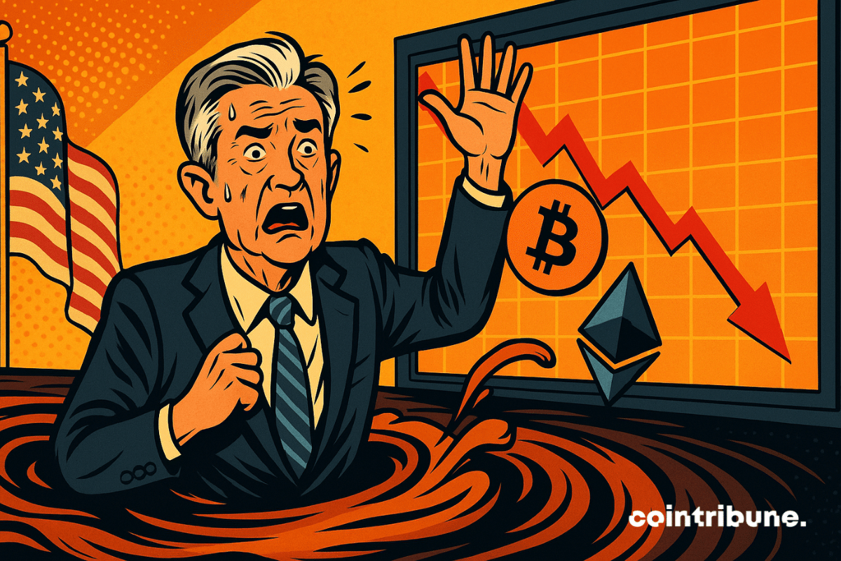 Powell in panic mode, trapped in quicksand, crypto plummeting, red charts, US flag, tense and dramatic atmosphere.