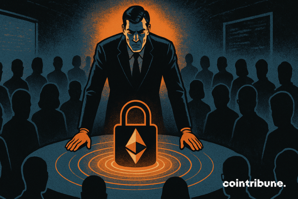 Un leader déterminé dirige une équipe secrète autour d’un hologramme Ethereum, évoquant protection, stratégie et confidentialité numérique