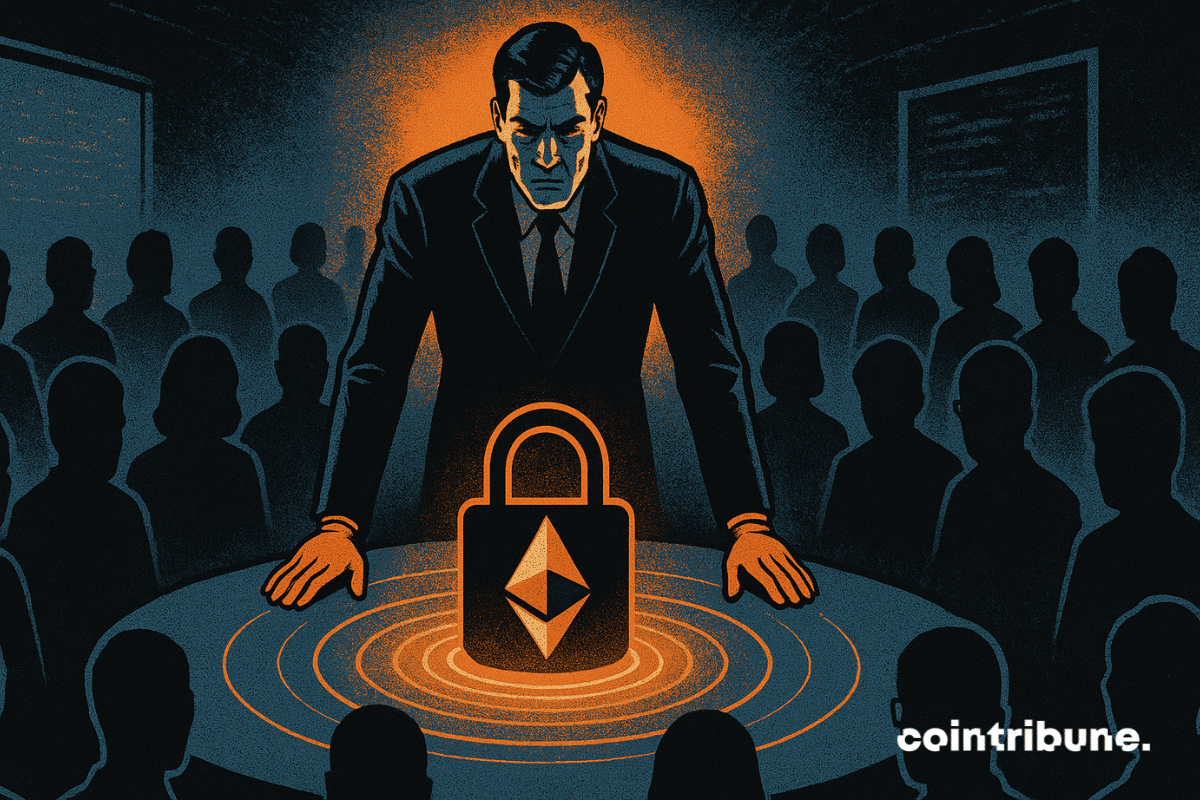 Un leader déterminé dirige une task force secrète autour d’un hologramme Ethereum, évoquant protection, stratégie et confidentialité numérique