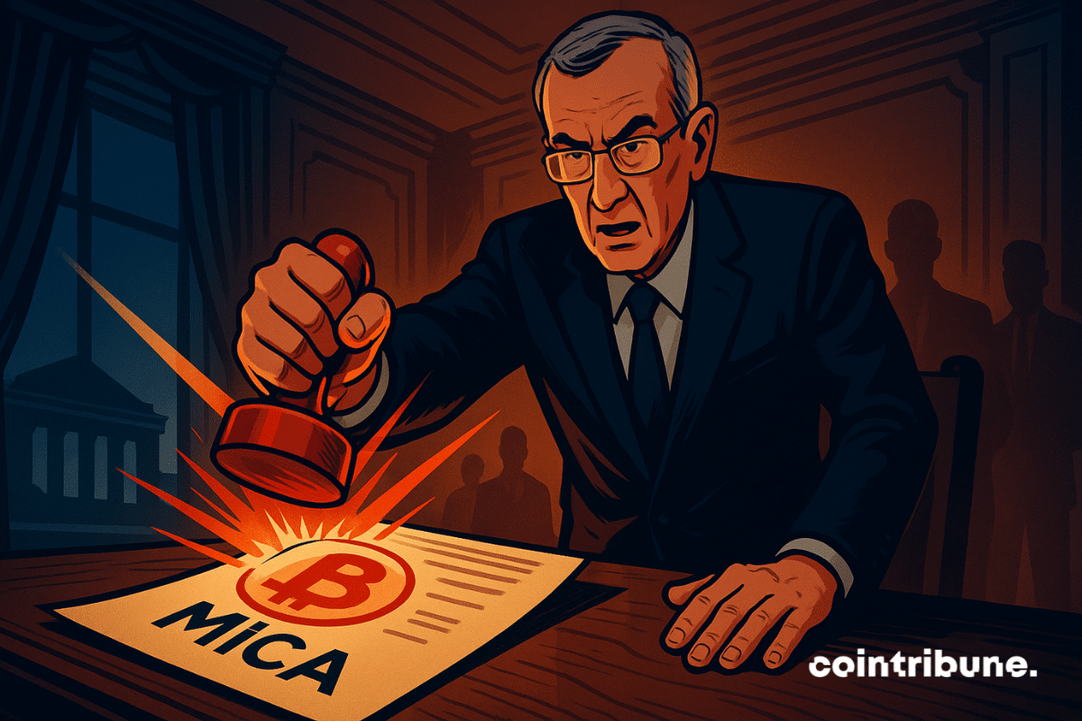 An authoritarian governor firmly stamps “MiCA” on a crypto document in a dramatic orange-hued office.