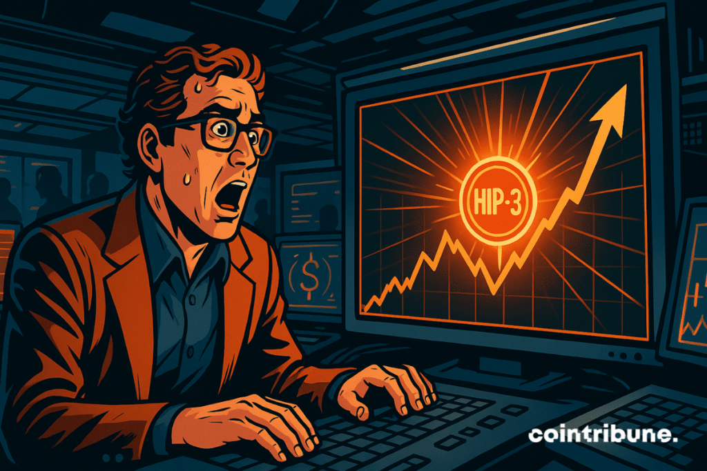 Un personnage active un dispositif futuriste, déclenchant une onde d'énergie orange, symbolisant la révolution du trading perpétuel HIP-3.