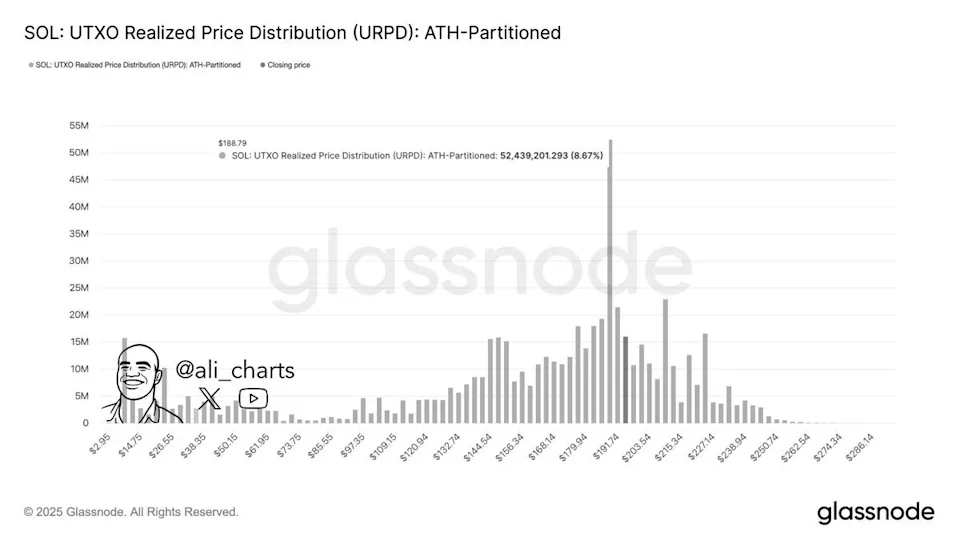 Gráfico de distribución del precio realizado de Solana (SOL)