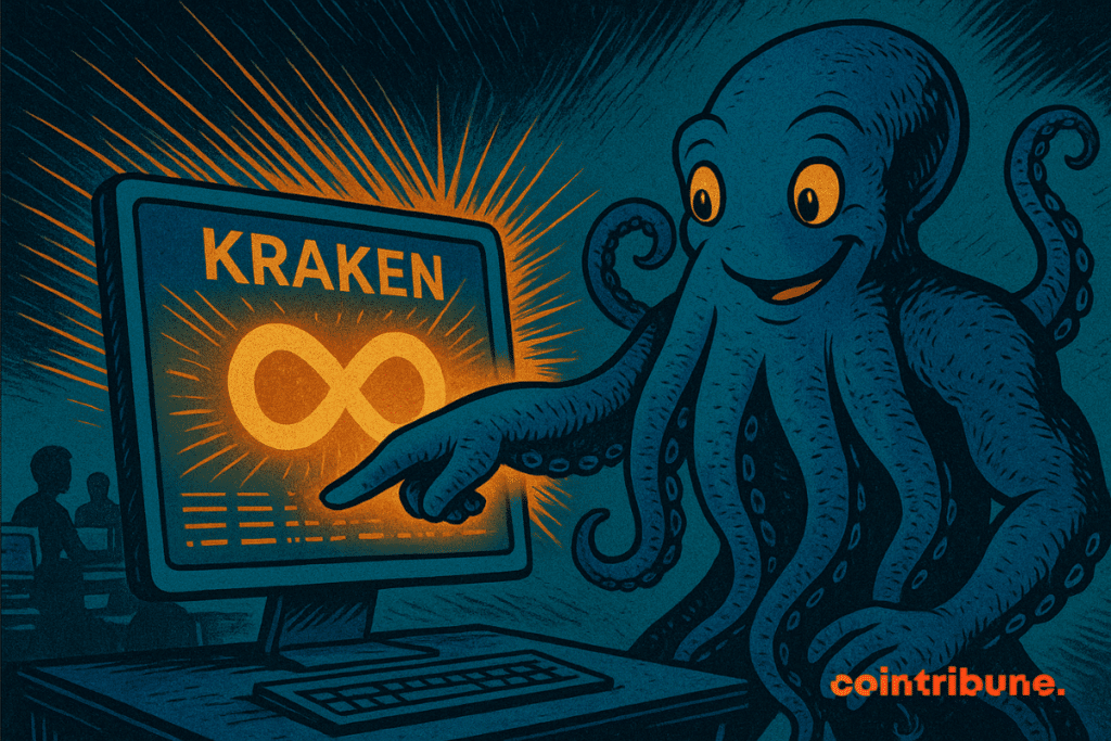 A smiling orange-eyed octopus points one tentacle toward a computer screen showing the word “Kraken” and a glowing infinity symbol, in a retro-styled blue and orange setting.