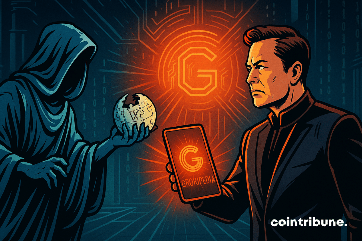 Elon Musk se enfrenta a una misteriosa silueta, blandiendo Grokipedia frente a una Wikipedia agrietada, en un intenso duelo tecnológico.