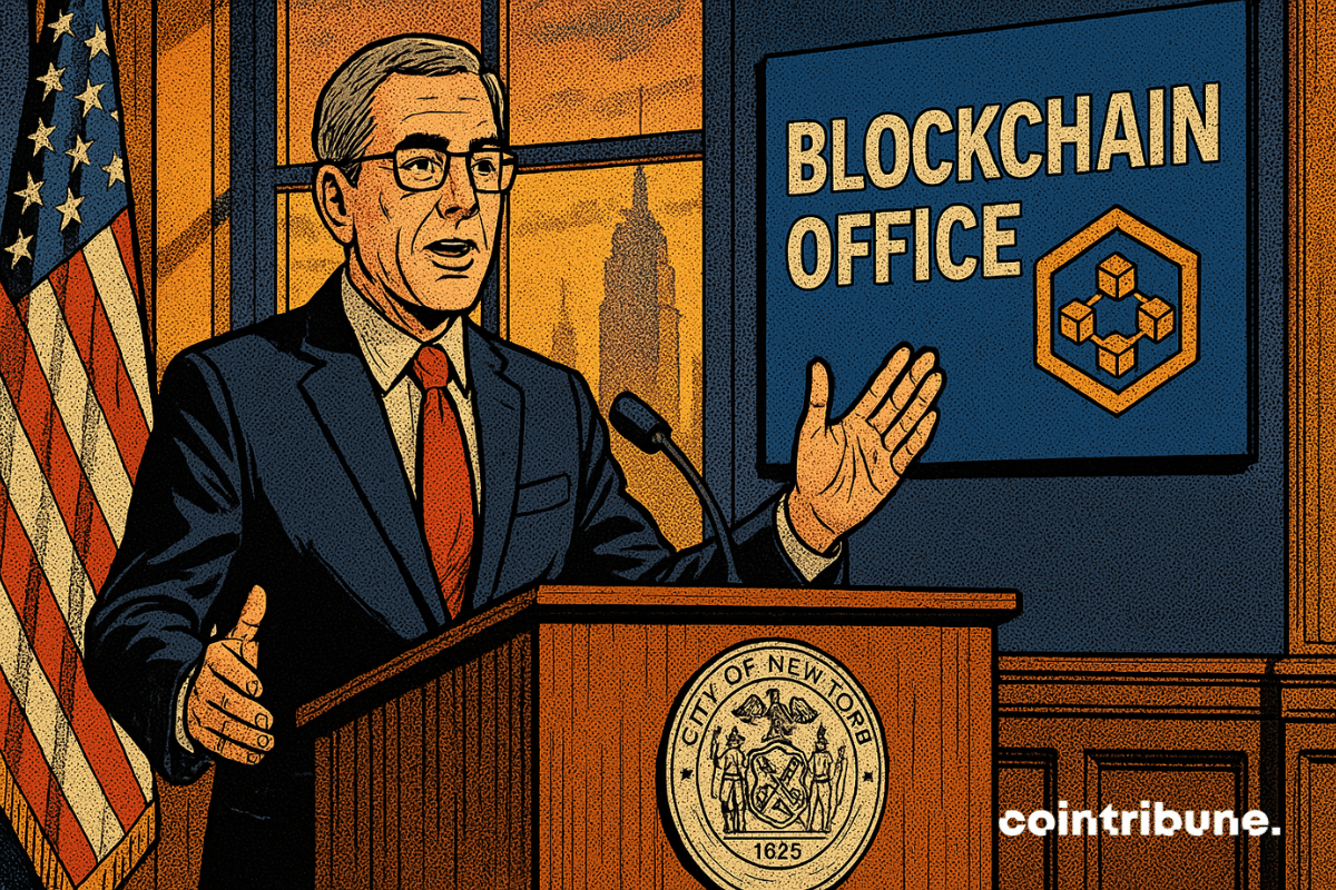 Le maire de New York, en style comics 70s, annonce la création d’un bureau blockchain devant un coucher de soleil.