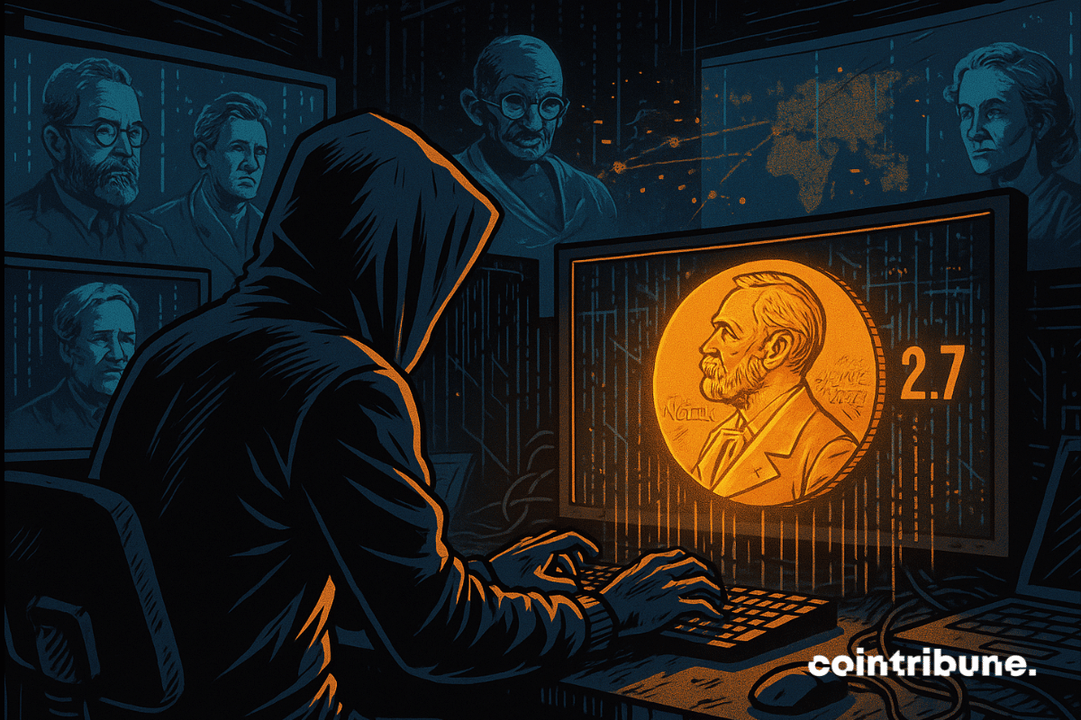 Hacker betting on Nobel Peace Prize in dark room, glowing medal and odds on screen.