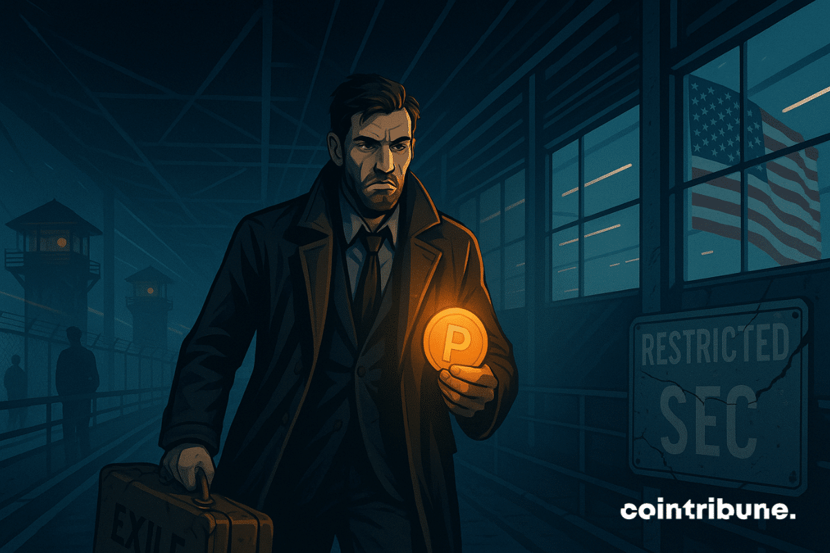 A determined man emerges from the shadows, Polymarket coin in hand, returning from exile under American surveillance and regulatory tension.