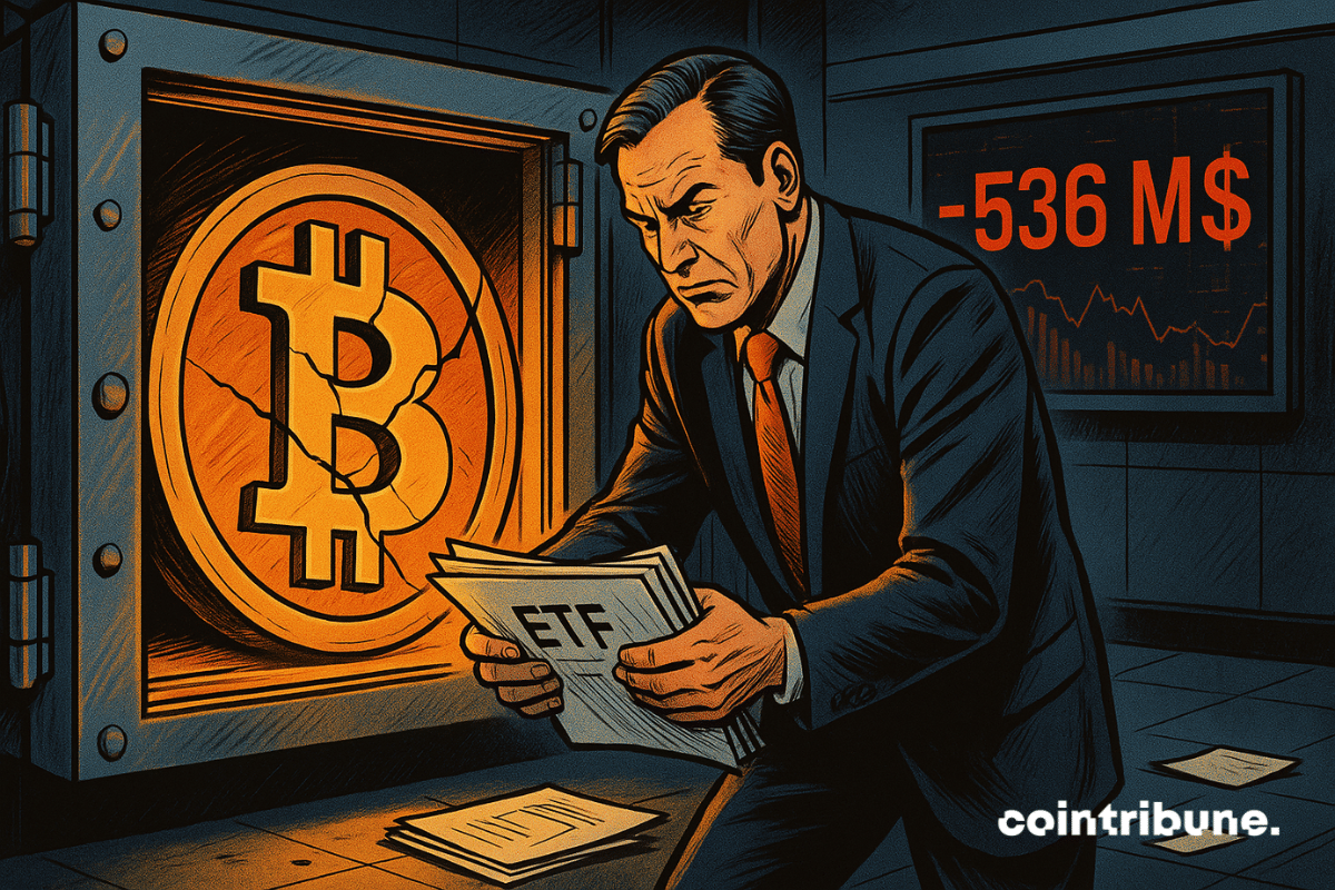 Un financier inquiet vide un coffre-fort contenant un Bitcoin fissuré