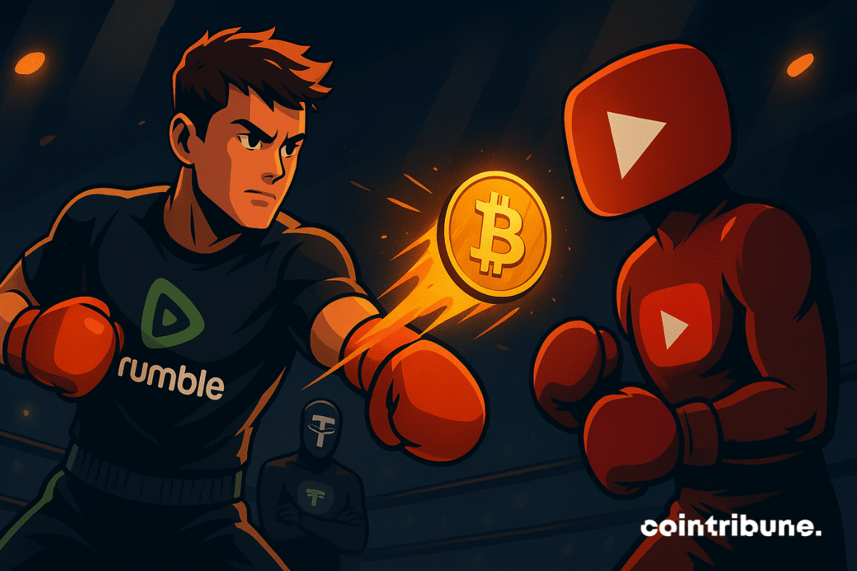 Un combattant Rumble frappe YouTube avec un Bitcoin enflammé, sous l’œil stratégique de Tether dans un ring numérique.