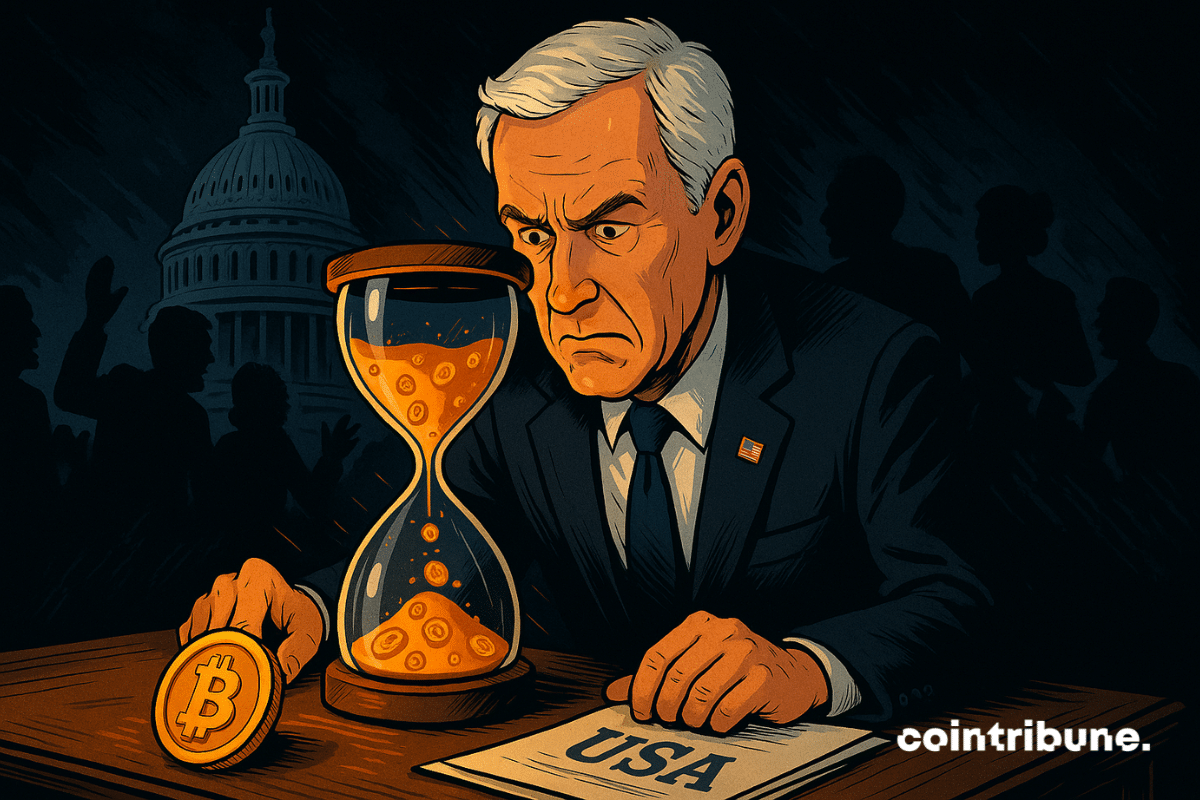 Un sénateur inquiet observe un sablier vidant de crypto, symbole d’urgence face à la régulation imminente aux États-Unis.