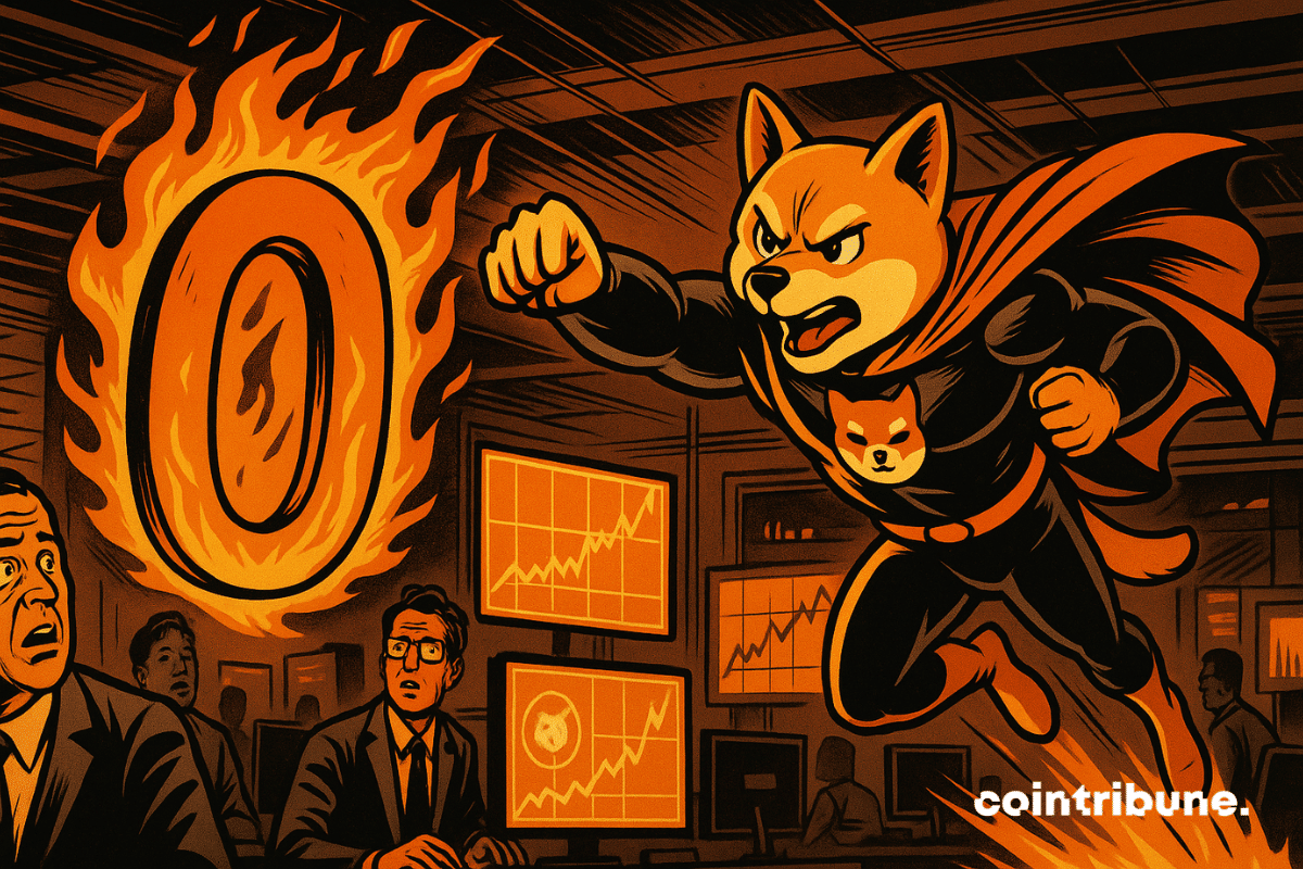 Un Shiba Inu super-héros fonce sur un zéro en flammes, sous les regards stupéfaits de traders dans une salle tendue.