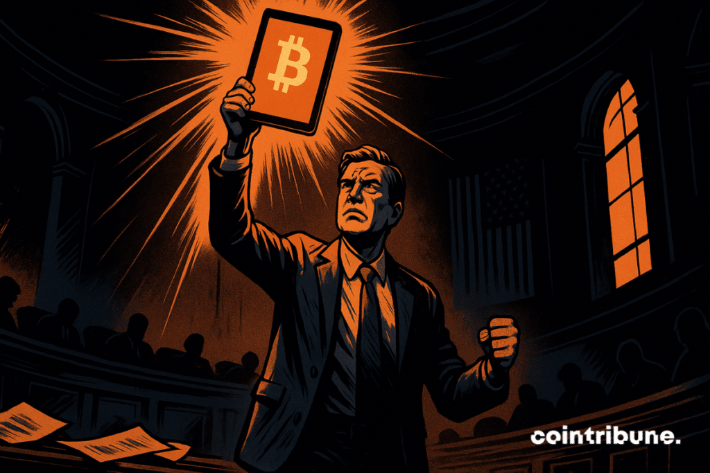 A determined senator brandishes a crypto tablet bearing the Bitcoin logo, illuminating a dark and paralyzed Senate chamber.
