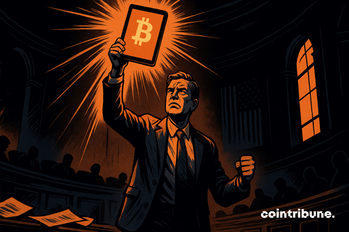 Un senador decidido blande una tableta criptográfica con el logotipo de Bitcoin, iluminando una cámara del Senado oscura y paralizada.