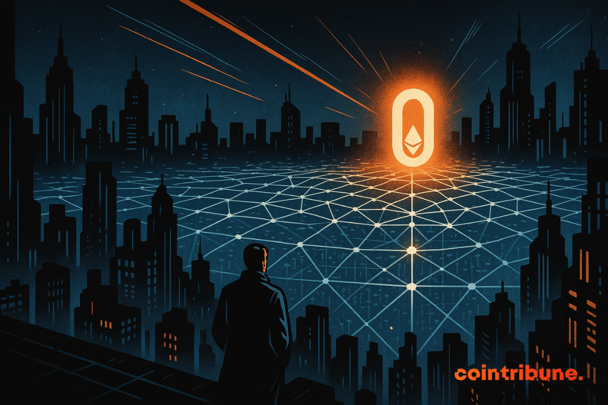 A man stands on a rooftop, overlooking a futuristic city grid connected by glowing nodes, as a bright Ethereum-shaped zero hovers above the network.