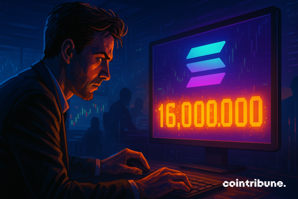 Un comerciante concentrado invierte 16 millones en Solana, iluminado por la pantalla naranja brillante, atmósfera tensa en la sala de comercio de criptomonedas.