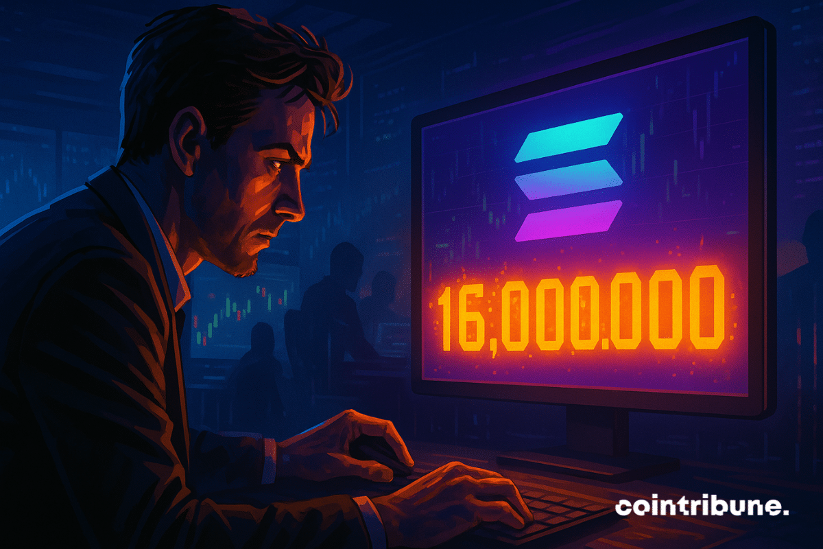 Focused trader invests 16 million in Solana, lit by the bright orange screen, tense atmosphere in the crypto trading room.