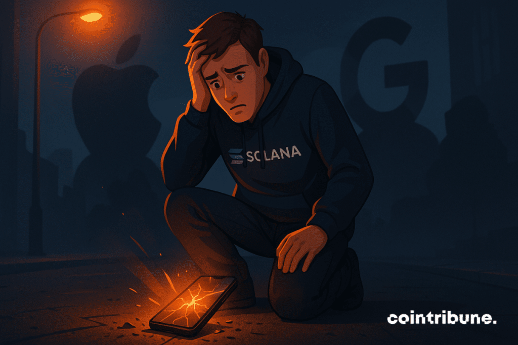 Um engenheiro da Solana observa, desesperado, seu smartphone Saga quebrado, esmagado pela imponente sombra da Apple e do Google.