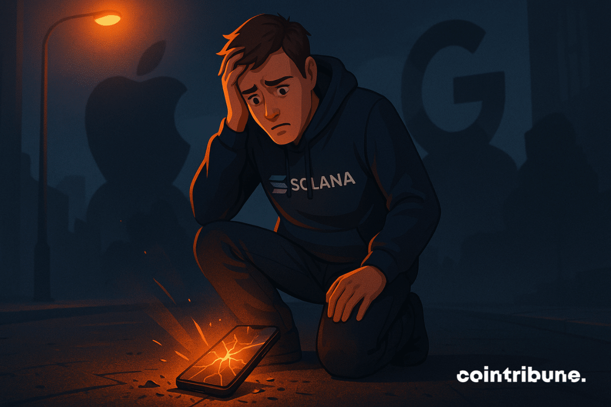 A desperate Solana engineer looks at his broken Saga smartphone, crushed by the imposing shadow of Apple and Google.