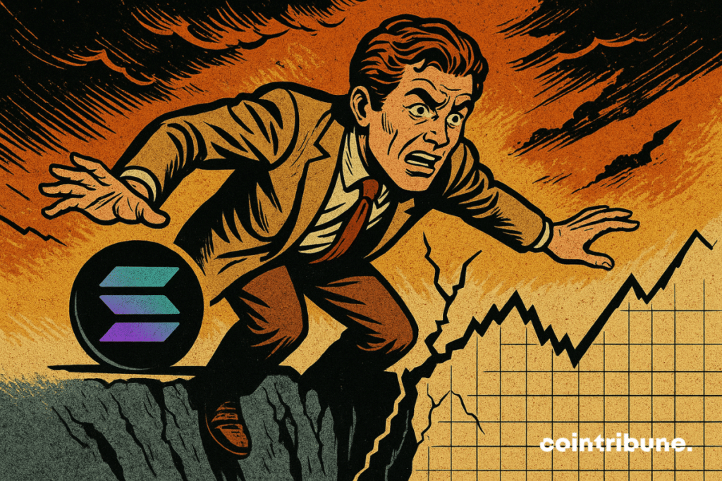 Un trader paniqué tente de garder l’équilibre sur une faille graphique, symbole d’un crash imminent de Solana.