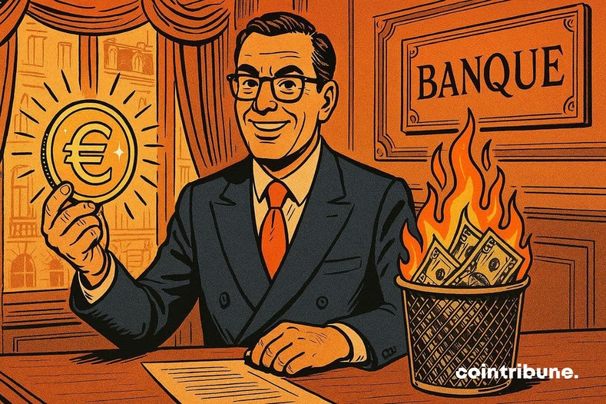 Un banquier de ODDO BHF qui tient un Stablecoin adossé à l’Euro, EUROD. Des billets de dollars brûlent dans une poubelle.