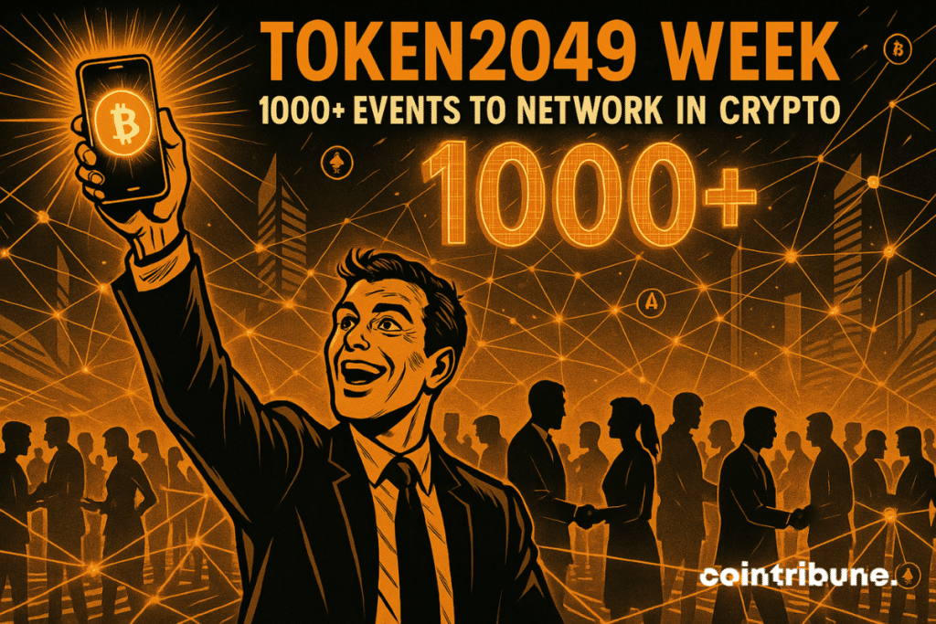 Un participant enthousiaste assiste à la TOKEN2049 Week, brandissant un téléphone affichant le logo Bitcoin, entourés de centaines de silhouettes échangeant dans un réseau lumineux futuriste. L’image symbolise l’ampleur des opportunités de réseautage offertes par les 1000+ événements organisés durant la semaine.