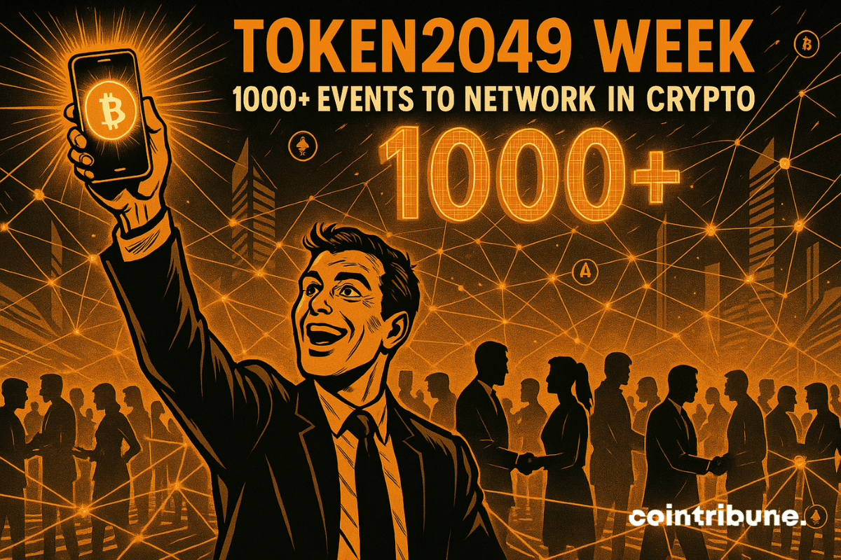Un participant enthousiaste assiste à la TOKEN2049 Week, brandissant un téléphone affichant le logo Bitcoin, entourés de centaines de silhouettes échangeant dans un réseau lumineux futuriste. L’image symbolise l’ampleur des opportunités de réseautage offertes par les 1000+ événements organisés durant la semaine.