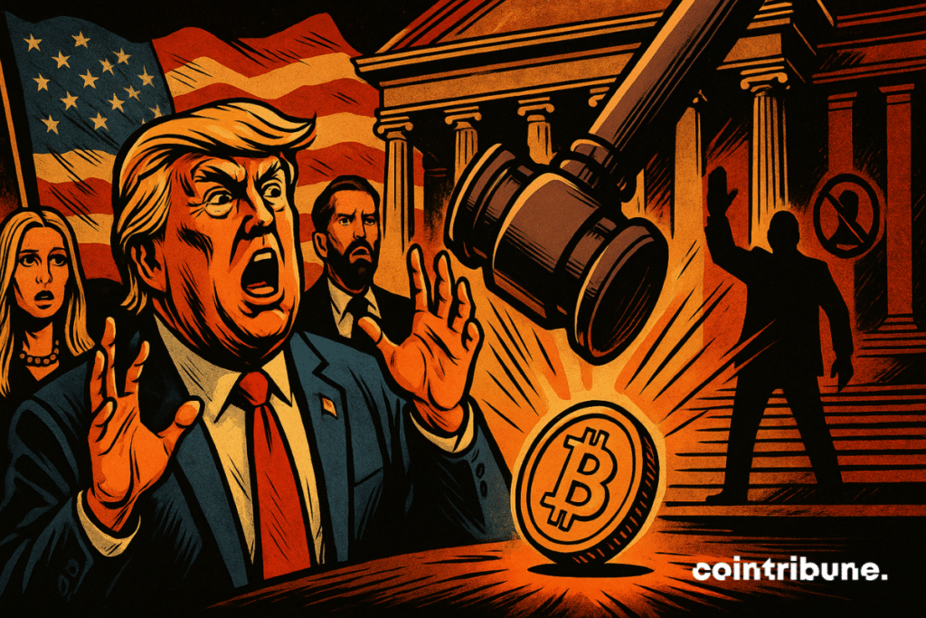 Trump y su familia atónitos, un martillo gigante cae sobre las criptomonedas, incluido Bitcoin, frente a un edificio gubernamental, atmósfera dramática.