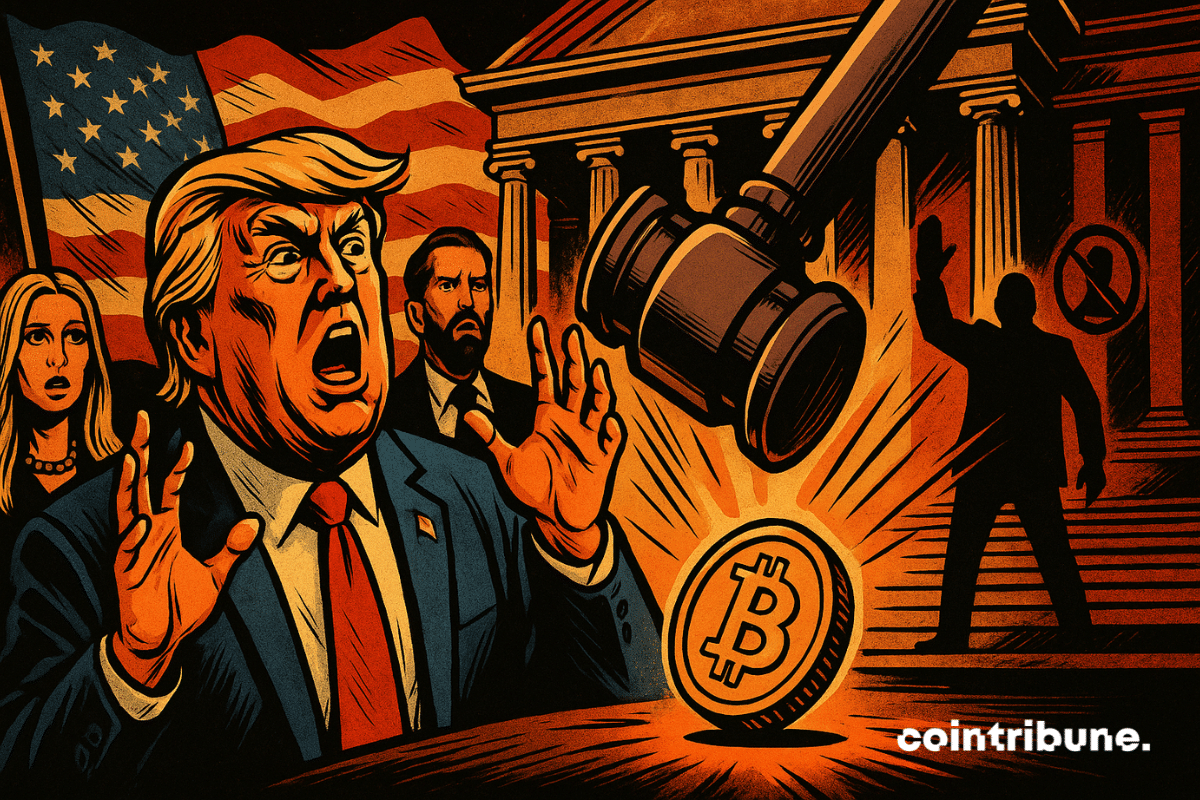 Trump et sa famille stupéfaits, un marteau géant s’abat sur la crypto, dont Bitcoin devant un bâtiment gouvernemental, ambiance dramatique.