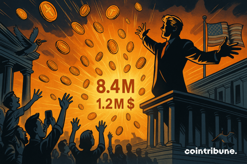 Pluie de crypto sur une foule acclamant un leader charismatique