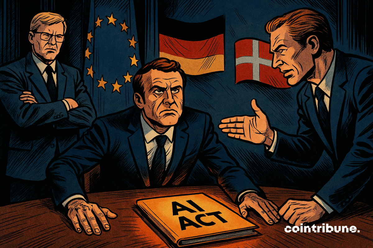 Macron furioso por el expediente «AI ACT», flanqueado por dos diplomáticos alemán y danés en una sala tensa.