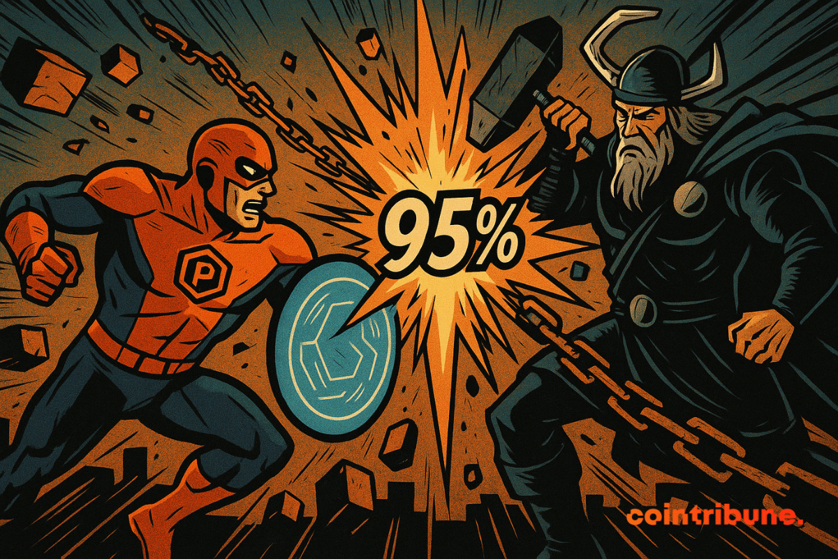 Two heroes clash violently, their weapons colliding and releasing an orange explosion marked “95%” in a chaotic setting.
