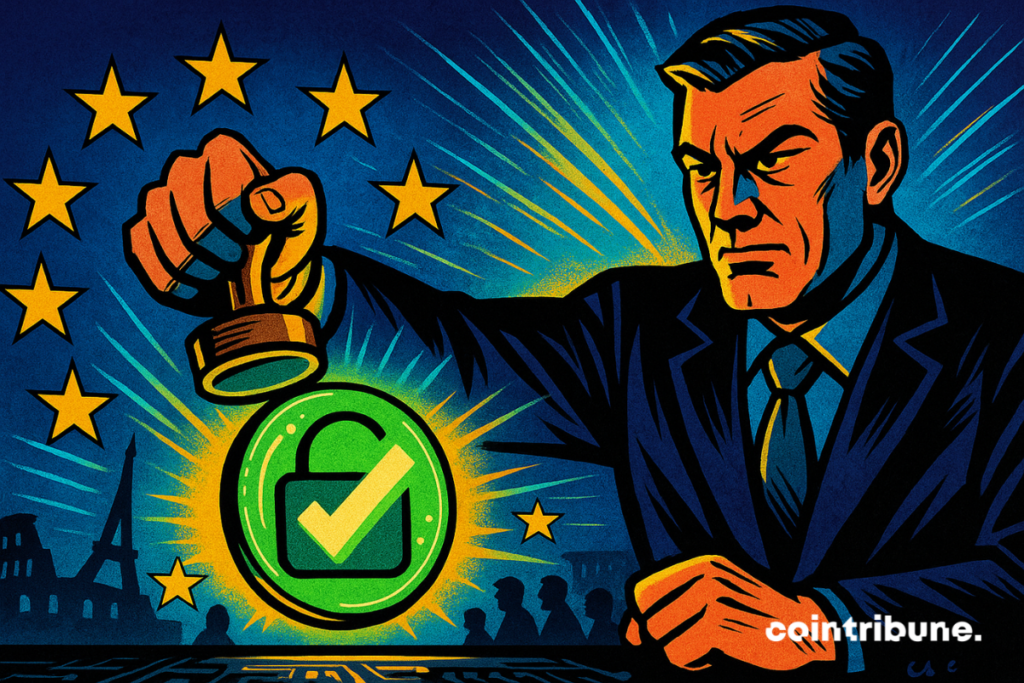 A stern EU official stamps a glowing green padlock with a checkmark as yellow EU stars radiate behind him in a dramatic comic-style scene.