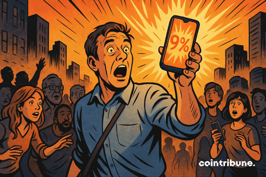 Man shocked by glowing phone showing 9% APY from Aave; crowd reacts in awe, comic book style.