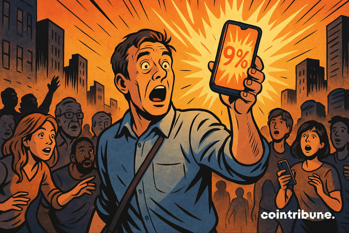 Man shocked by glowing phone showing 9% APY from Aave; crowd reacts in awe, comic book style.