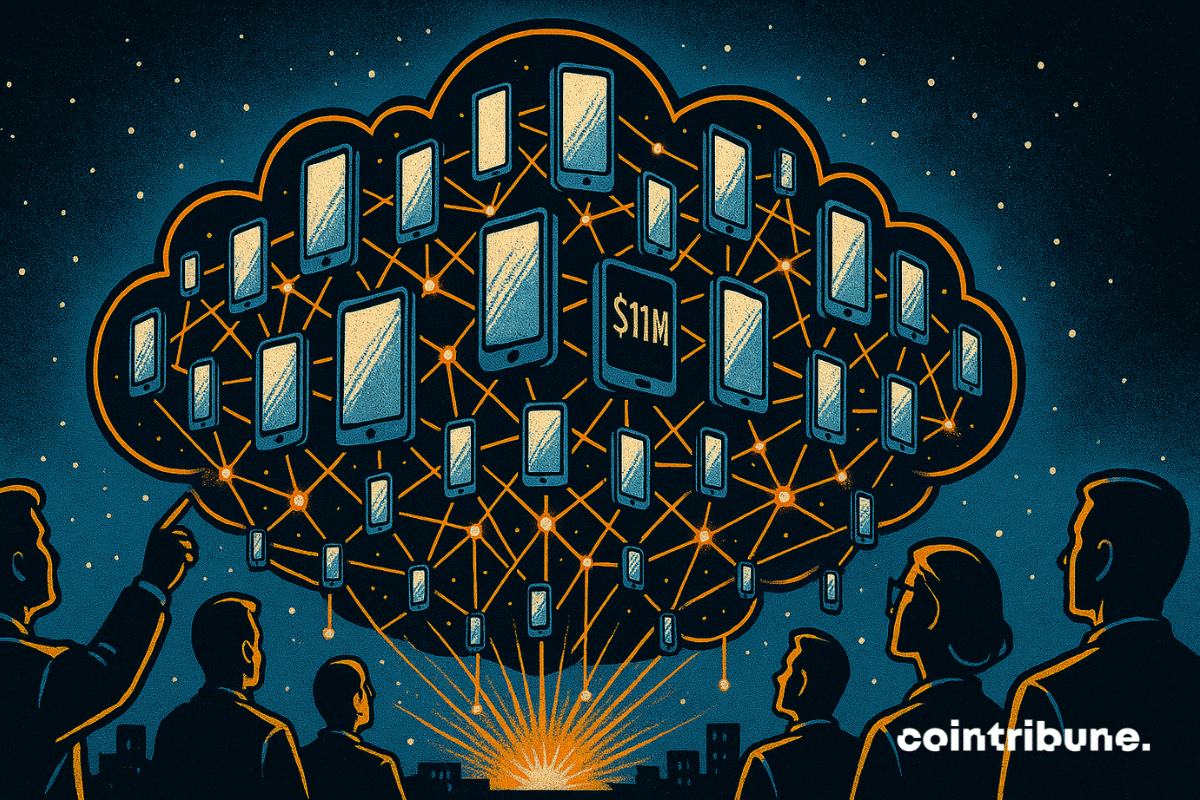 A giant cloud formed by hundreds of connected smartphones, symbolizing Acurast’s revolutionary project to transform phones into a decentralized cloud. Investors or tech engineers are watching the phenomenon.