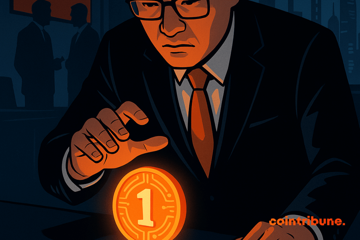 Un homme d’affaires chinois observe un jeton crypto numérique flottant, éclairé par une lumière orange dans un bureau futuriste.