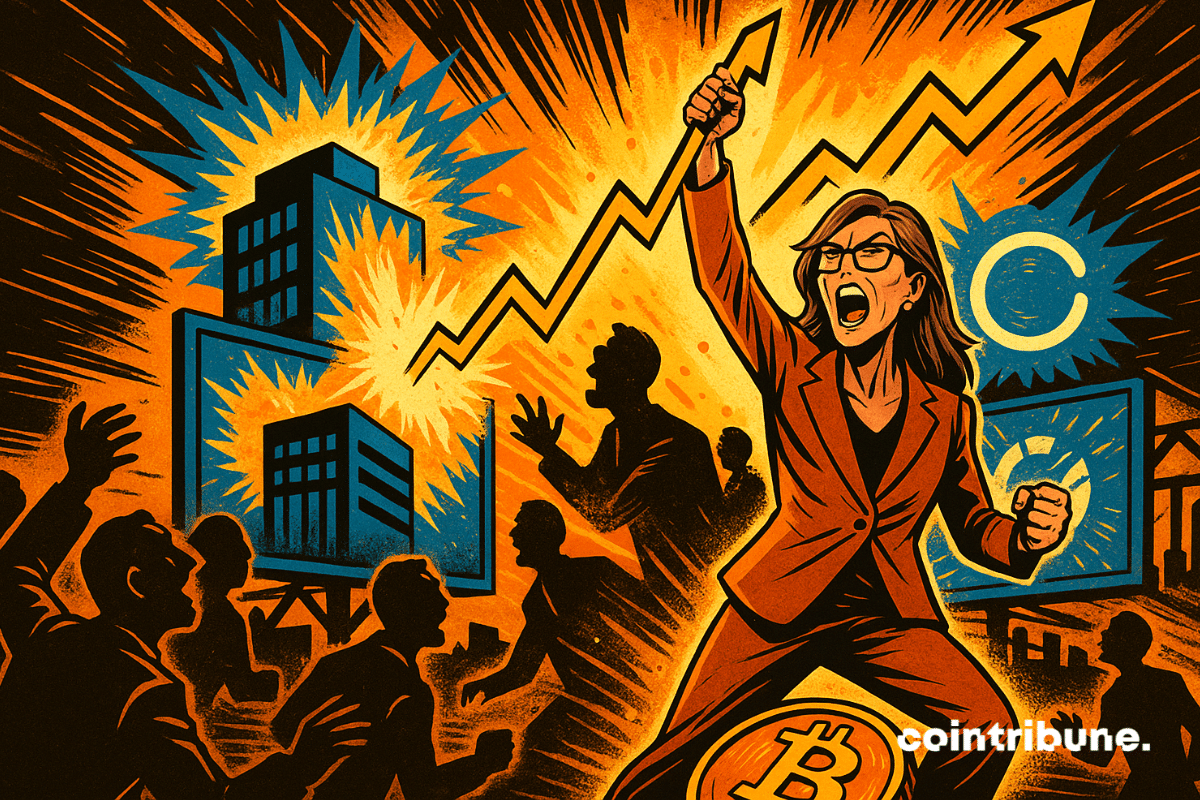 Cathie Wood comemora sua vitória com uma moeda Bitcoin, apontando para os gráficos crescentes das criptomoedas em meio a traders chocados.