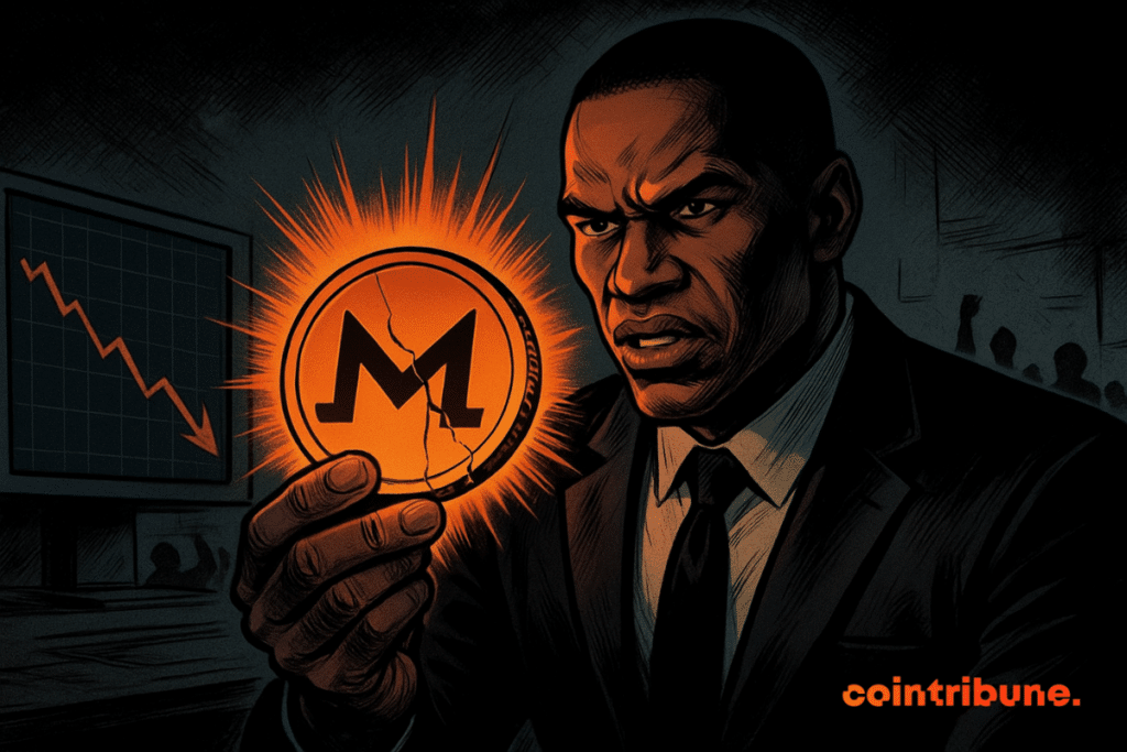 A 70s-style comic scene shows Arthur Hayes holding a cracked Monad token glowing orange in a dark office.