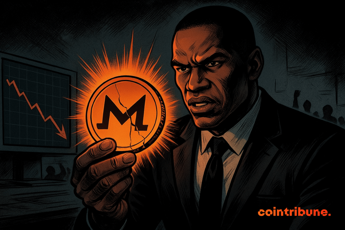 A 70s-style comic scene shows Arthur Hayes holding a cracked Monad token glowing orange in a dark office.