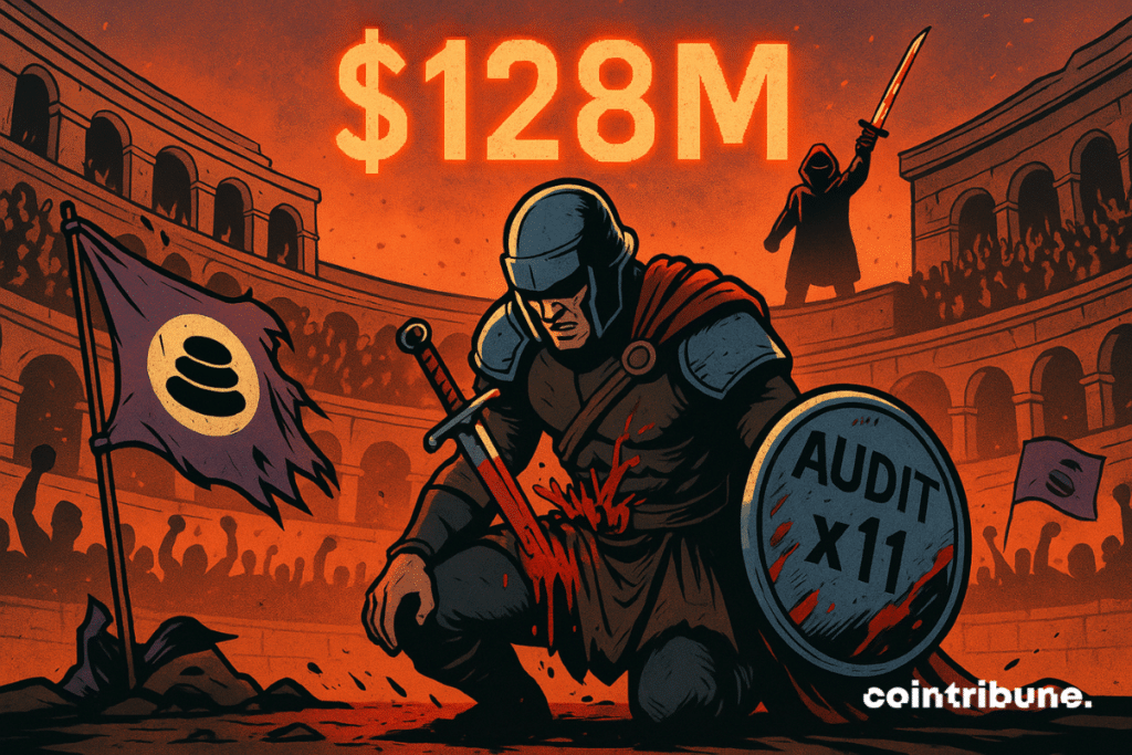 A crypto gladiator kneels, bloodied, holding an “Audit x11” shield, defeated in an arena by a hacker.