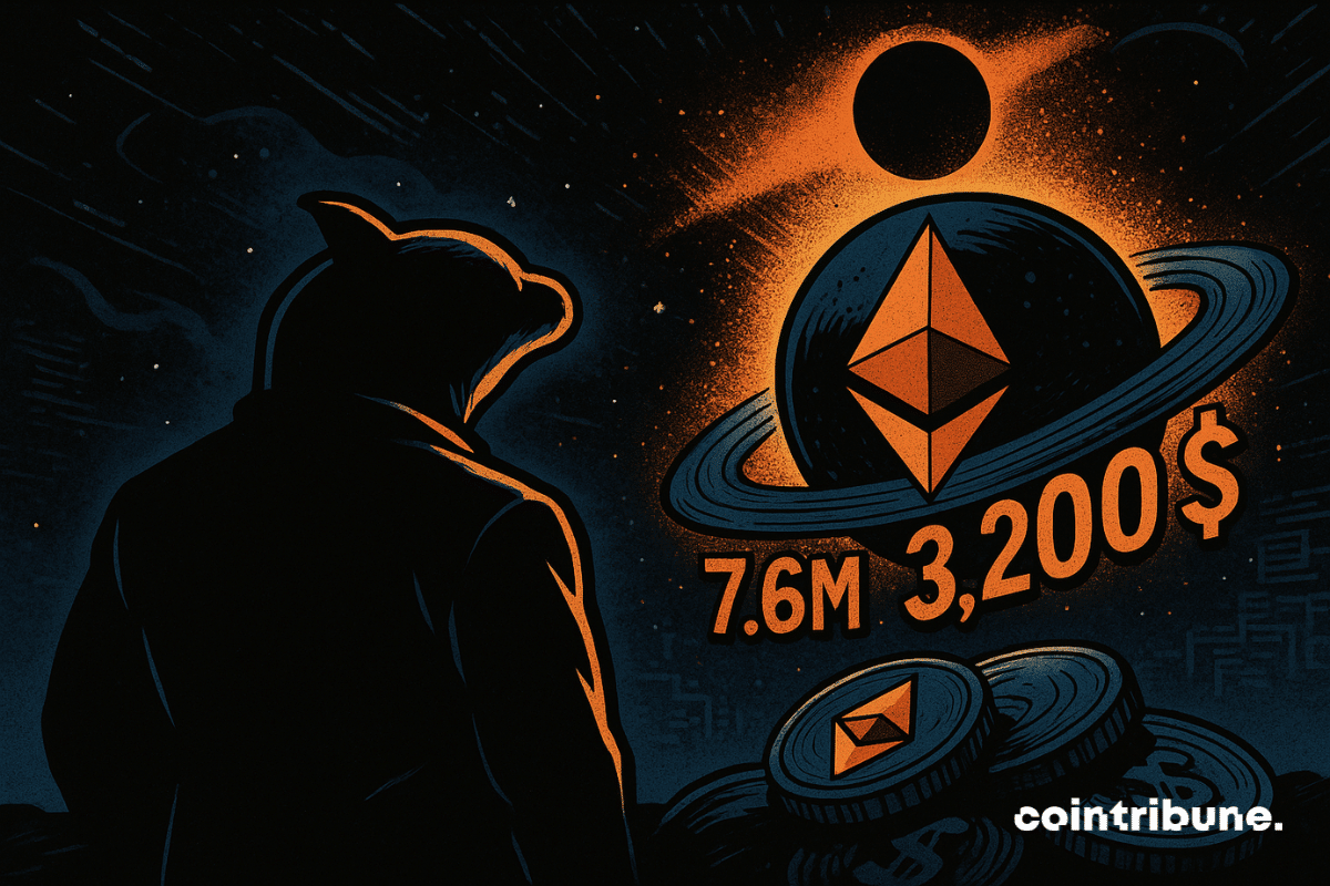 Una silueta de ballena observa un planeta Ethereum eclipsado, rodeado por los números "7.6M" y ",200", atmósfera cósmica.