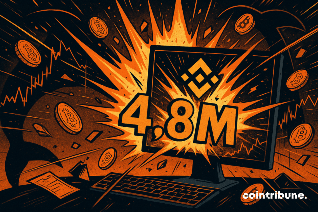Una explosión naranja brota de una pantalla de Binance, rociando Bitcoins y el número 4,8M, mientras una ballena emerge detrás.